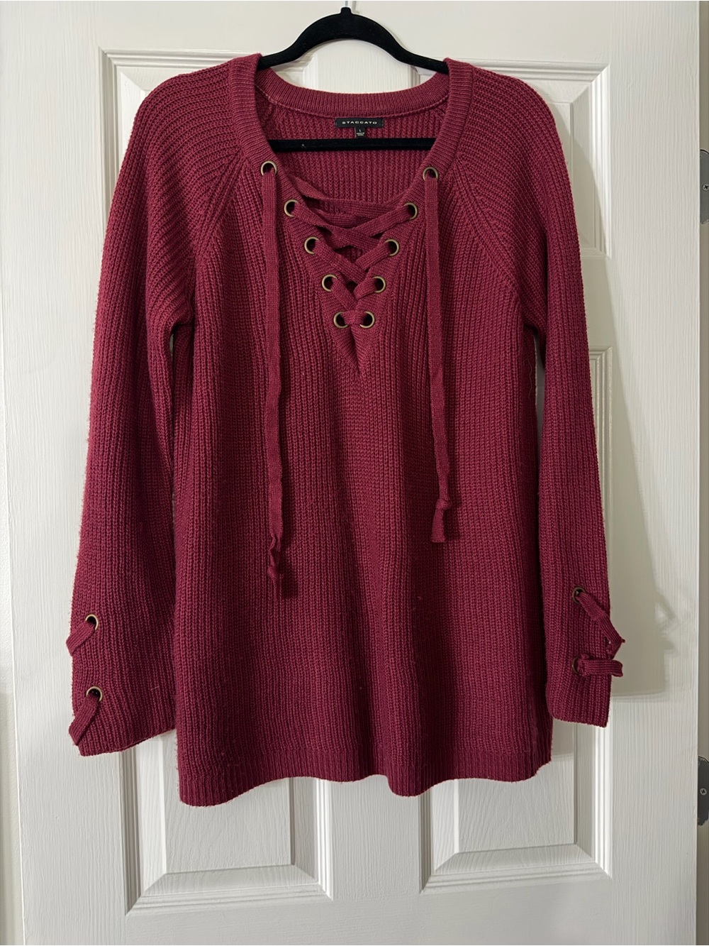 Staccato Lace-Up V-Neck Sweater in Wine Red